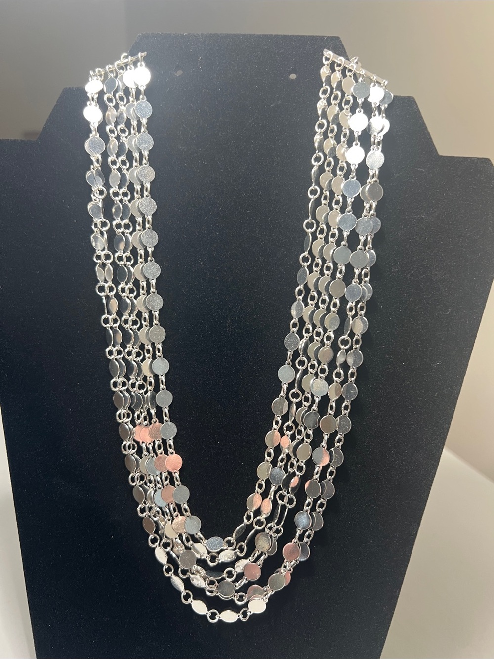 Sparkling Multi-Strand Silver Tone Disc Statement Necklace - Vintage - Picture 10 of 16